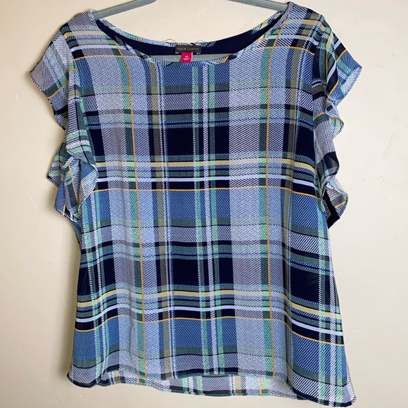Vince Camuto Tops - Vince Camuto Medium Plaid Flutter Sleeve Blouse